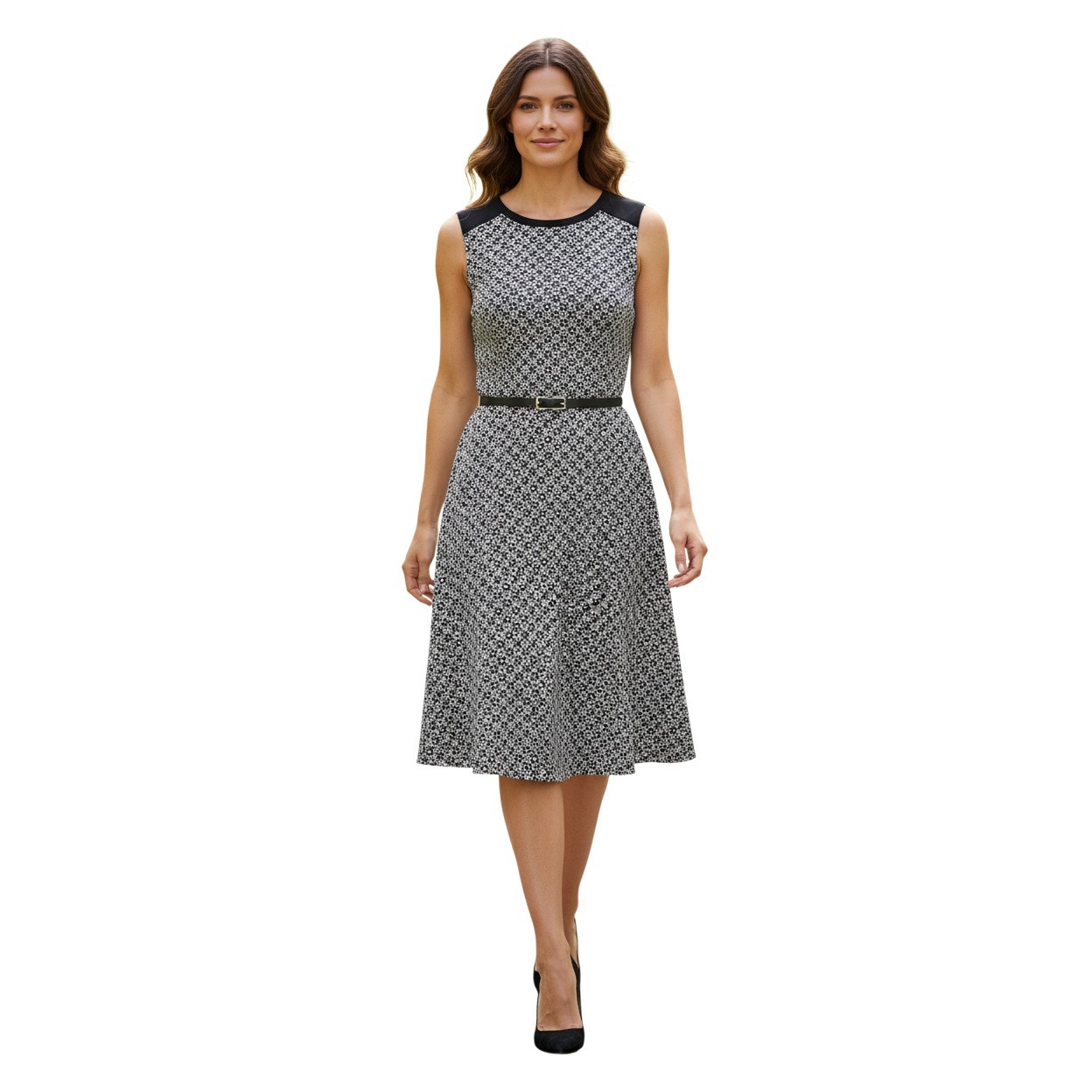 Calvin Klein Black White Geometric Sheath Midi Dress Sleeveless 12 Work Career